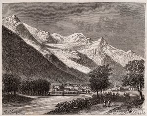 Das Tal von Chamonix und der Mont Blanc - Gravur in „La France illustree: geographie, histoire, administration statistique“ von V.A. Malt-Brown. 1884 von French School