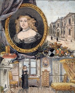 Porträt von Marie de Rabutin-Chantal (Rabutin Chantal), Marquise de Sevigne, bekannt als Madame de Sevigne (1626-1696) und ihr Wohnsitz Hotel Carnavalet. von French School