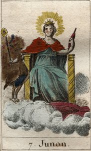 Darstellung der Göttin Juno, Königin der Götter und des Himmels, sie ist die Schwester und Frau von Jupiter. Aus „Mythologie der Jugend“ von Pierre Blanchard 1803