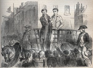 Affäre des Lyoner Postkuriers: Joseph Lesurques und Couriol gehen am 3. Oktober 1796 zur Guillotine - Gravur in „Berühmte Fälle aller Völker“ von Armand Fouquier