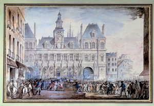 Ansicht des Place de Greve am 14. Juli 1789. Aquarell von French School