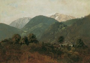 Blick von Scheuchenstein zum Gauermannhof mit Schneeberg im Hintergrund von Friedrich August Mathias Gauermann