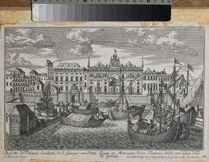 Plan von Genua mit der Darstellung der Königlichen Brücke, der Neuen Brücke von Mercanzia und dem Palast von St. Georg vom Meer aus gesehen (Stich)