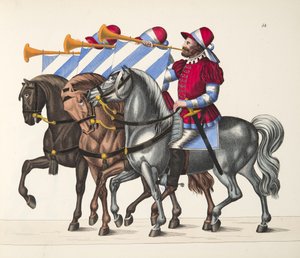 Drei Musiker bei einem Turnier, Platte aus Eine Geschichte der Entwicklung und Bräuche der Ritterlichkeit, von Dr. Franz Kottenkamp, veröffentlicht von Carl Hoffmann, 1842