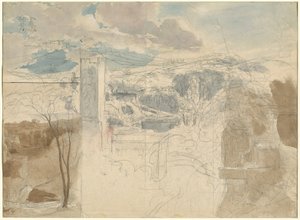 Ruinen eines befestigten Turms in bewaldeten Hügeln von Friedrich Salathé