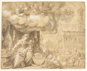 Die heilige Familie. F.o. singende Engel. Im Hintergrund die Michaelskirche in München, zu deren Turm Engel Baumaterial bringen von Friedrich Sustris
