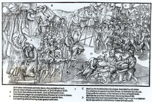 Der irische Häuptling erhält den Segen des Priesters, bevor er in den Kampf gegen die Engländer zieht, die in voller Rüstung gezeigt werden, Platte 4 aus 
