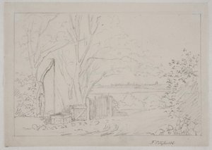 Landschaft mit Wippbrunnen im Vordergrund