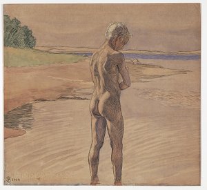Hans stehend im Wasser. Motiv von Fyns Hoved von Fritz Syberg