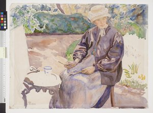 Die Frau des Künstlers, die Malerin Anna Syberg, im Garten des Schmieds