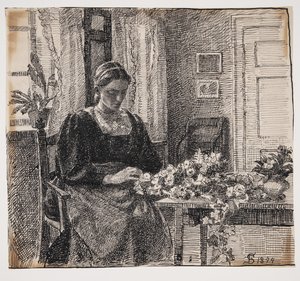 Meine Frau (Frau Anna Syberg) bindet einen Kranz von Fritz Syberg