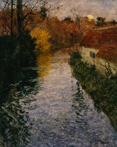 Flusslandschaft mit Hütte im Herbst