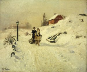 Pferdeschlitten in einer Winterlandschaft von Frits Thaulow