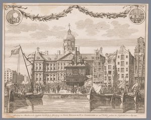 Menschenmenge auf dem Dam in Amsterdam feiert die Proklamation von Wilhelm IV. als Statthalter von G.J. Marstaller