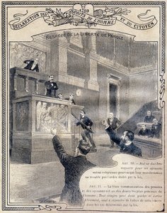 1789: Erklärung der Menschen- und Bürgerrechte: Achtung der Redefreiheit. Gravur in "Das einzigartige Buch der Moral und staatsbürgerlichen Unterweisung, bestimmt für die Schüler der drei Kurse der Grundschule und für die Schüler der Grundklassen der Gymna von G. Dascher