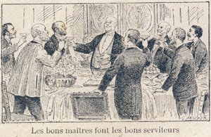 Pflichten des Kindes in der Schule: Pflichten der Meister und Chefs gegenüber Dienern und Arbeitern. "Gute Meister machen gute Diener." Gravur in "Das einzigartige Buch der Moral und Bürgerkunde, bestimmt für Schüler der drei Kurse der Grundschule" von G. Dascher