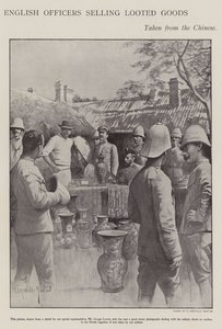 Englische Offiziere verkaufen geplünderte Waren, die sie während des Boxeraufstands von den Chinesen genommen haben (Lithographie)