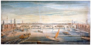 Ansicht der neuen London Bridge von Westen, mit Booten und Lastkähnen auf der Themse, 1831