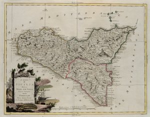 Insel Sizilien, aufgeteilt in ihre Täler, Stich von G. Zuliani aus Band II des Neuesten Atlas, veröffentlicht in Venedig 1782 von Antonio Zatta, Privatsammlung