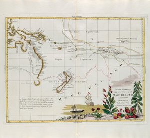 Neue Entdeckungen in den Jahren 1775, 67 und 69 in den Südmeeren, Stich von G. Zuliani aus Band I des Neuesten Atlas, veröffentlicht in Venedig 1776 von Antonio Zatta, Privatsammlung von G. Zuliani