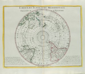 Südliche Hemisphäre der Erde, am Äquator geschnitten, Gravur von G. Zuliani aus Band I des Neuesten Atlas, veröffentlicht in Venedig 1779 von Antonio Zatta