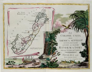 Die Inseln Bermuda und das Frontispiz des Abschnitts über die Vereinigten Kolonien Nordamerikas, Stich von G. Zuliani aus Band I des "Neuesten Atlas" veröffentlicht in Venedig 1778 von Antonio Zatta, Privatsammlung von G. Zuliani