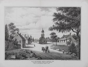 Alte reformierte niederländische Kirche im Jahr 1776, gezeichnet von Miss Elizabeth Sleight im Jahr 1808, gedruckt für H. McCloskeys Handbuch der Stadt Brooklyn, 1864 von G. after Hayward