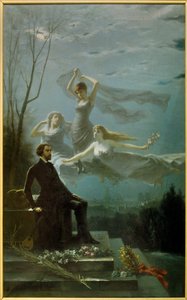 Romantik: „Die Nächte von Musset“. Der französische Dichter Alfred de Musset (1810-1857) wird von den Musen zur Niederschrift von „Die Nächte“ inspiriert. Gemälde von Gabriel Aimable de la Foulhouze (1825-1887). 1886. Öl auf Leinwand. Clermont-Ferrand