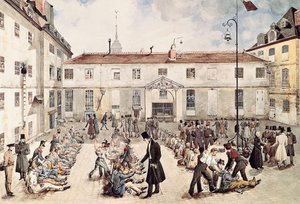 Die Gefangenen des Bicêtre-Gefängnisses sind im Hof angekettet