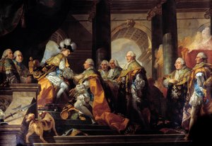 König Ludwig XVI. (1754-1793) empfängt in Reims den Tribut der Ritter des Ordens des Heiligen Geistes nach seiner Weihe am 13. Juni 1775