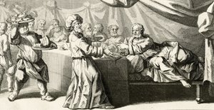 Jesus zum Abendessen mit dem Pharisäer eingeladen, Illustration aus dem Evangelium des Heiligen Lukas, Kapitel 11:37, 1728 von Gabriel Francois Louis Debrie