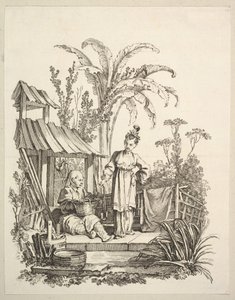 Ein sitzender chinesischer Mann und eine Frau, die einen Fisch trägt, ca. 1742 von Gabriel Huquier