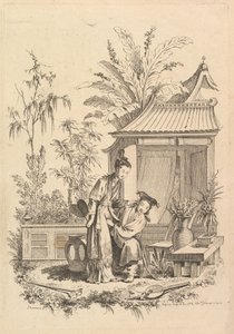 Chinoiserie-Szene mit Figuren in einer Landschaft, 18. Jahrhundert