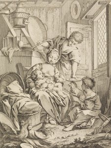 Tafel 1: Junge Frau füttert ihr Kind, aus Premier Livre de Sujets et Pastorales Fi... von Gabriel Huquier