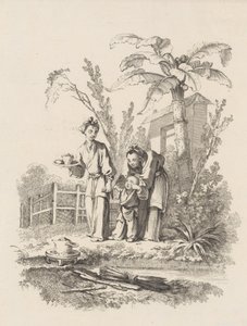 Zwei Frauen führen ein Kind zu einer Teekanne auf einem Tisch in der Nähe eines Teiches, ca. 1742 von Gabriel Huquier