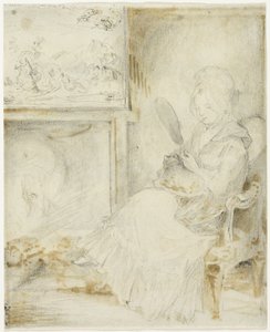 Frau sitzt mit einer Katze auf den Knien von Gabriel Jacques de Saint Aubin