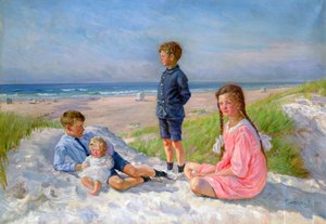 Erik, Else, Ove und Birthe Schultz am Strand, 1919 von Gabriel Jensen