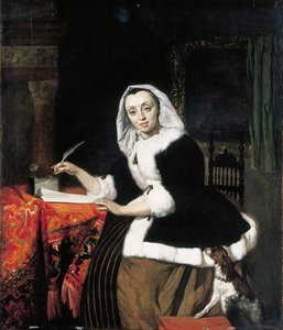 Eine elegante Dame schreibt an ihrem Schreibtisch, mit einem Hund neben ihr von Gabriel Metsu