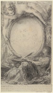 Allegorischer Rahmen mit einem Genius und einer verschleierten Frau, die schreibt, um 1769 von Gabriel de Saint-Aubin