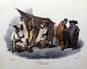 Kleines Metier der Stadt Neapel: ein gehender Barbier und Plauderei auf der Straße. Lithographie von G. Dura von Gaetano Dura