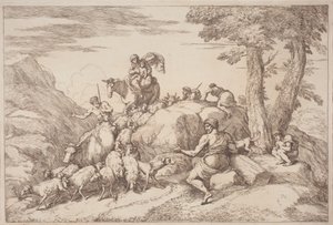 Eine pastorale Reise mit Mutter und Kind zu Pferd und einem älteren Hirten, der sitzt