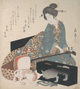 Frau, die ein Shamisen stimmt, und eine Katze, die ihr eigenes Spiegelbild betrachtet von Gakutei