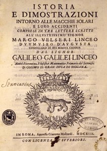 Titelseite der Geschichte und Demonstrationen über Sonnenflecken und ihre Eigenschaften von Galileo Galilei