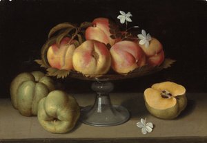 Pfirsiche in einer Glasschale, Äpfel und Jasminblüten von Galizia Fede