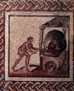 Gallorömische Kunst: Mosaikpflaster, das einen rustikalen Kalender darstellt. Brotbäckszene. Ende 2., Anfang 3. Jahrhundert n. Chr. Aus Saint-Romain-en-Gal (Rhône). Saint-Germain-en-Laye, Nationalmuseum für Archäologie von Gallo Roman