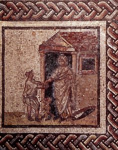 Gallorömische Kunst: Mosaikpflaster, das einen rustikalen Kalender darstellt. Feierliche Szene. Ende 2. Anfang 3. Jahrhundert nach Christus. Aus Saint-Romain-en-Gal (Rhône). Saint Germain en Laye, Nationalmuseum für Archäologie von Gallo Roman