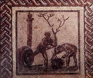 Gallorömische Kunst: Mosaikpflaster, das einen rustikalen Kalender darstellt. Szene des Krugtragens. Ende 2. Anfang 3. Jahrhundert n. Chr. Aus Saint-Romain-en-Gal (Rhône). Saint Germain en Laye, Nationalmuseum für Archäologie von Gallo Roman