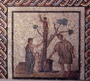 Gallorömische Kunst: Mosaikpflaster, das einen rustikalen Kalender darstellt. Opferszene für Ceres und Apollo. Ende 2. Anfang 3. Jahrhundert n. Chr. Aus Saint-Romain-en-Gal (Rhône). Saint Germain en Laye, Nationalmuseum für Archäologie von Gallo Roman