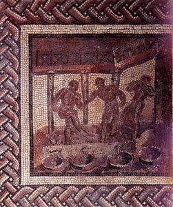 Gallorömische Kunst: Mosaikpflaster, das einen rustikalen Kalender darstellt. Szene des Traubenstampfens in einem Bottich. Ende 2. Anfang 3. Jahrhundert nach Christus. Aus Saint-Romain-en-Gal (Rhône). Saint Germain en Laye, Nationalmuseum für Archäologie von Gallo Roman
