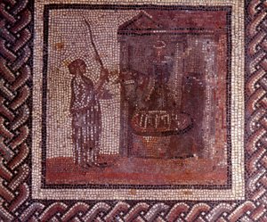 Gallorömische Kunst: Mosaikpflaster, das einen rustikalen Kalender darstellt. Die Arbeit mit dem Schleifstein. Ende 2. Anfang 3. Jahrhundert nach Christus. Aus Saint-Romain-en-Gal (Rhône). Saint Germain en Laye, Nationalmuseum für Archäologie von Gallo Roman